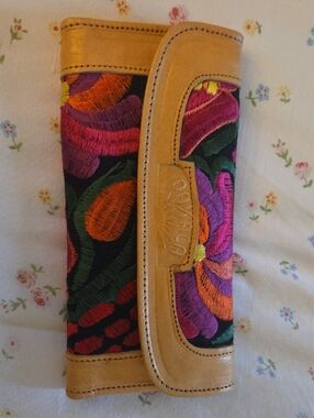 MEXICANA Tan Leather Floral Embroidered Wallet with Purple & Orange Accents